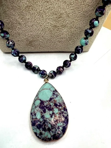 New Purple Teal Colored Stone & Glass Beaded Pendant Necklace - Picture 2 of 15